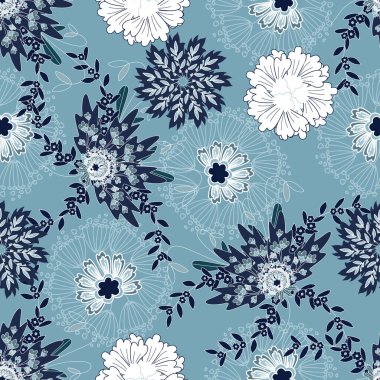 Çiçeksiz desen, Jacobean desenli kusursuz, donanma çiçekli vektör klipsli. Şekillendirilmiş egzotik çiçekleri ve tırmanma bitkileriyle kusursuz bir desen. Moda çiçekli duvar kâğıdı, arka plan. Asya