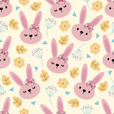 Paskalya günü için sevimli pembe tavşancık ve papatya çiçeği vektör çizimleri. Tatlı Paskalya tavşanları, tavuklar, yumurta sepeti, Paskalya yumurtaları, çiçekler ve kelebekler. Mutlu Paskalya yazıları. Vektör illüstrasyonu