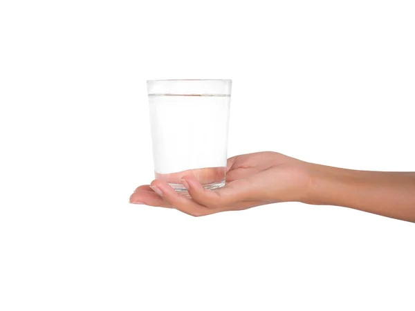 Verter Agua Pura Vaso Sobre Palma Mano Una Mujer Aislada — Foto de Stock