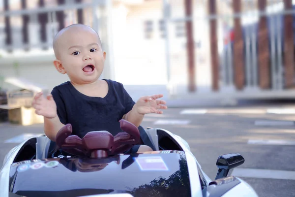 Littel Boy Year Old Black Shirt Toy Car Cute Child — Stock Photo, Image