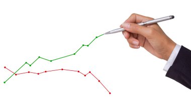 Beyaz arka planda ok grafiği borsası olan siyah takım elbiseli kadın eli. 2022 yılında yatırım ve finans.