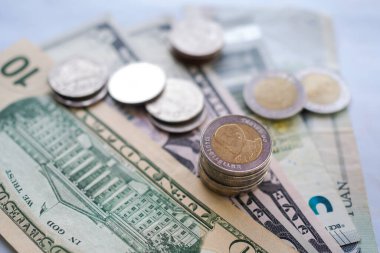 Gelecek planı 2021 yıllık konsept için para biriktirmek. 10 dolarlık banknota bozuk para istiflemek. para toplamak için döviz, enflasyon finansmanı.