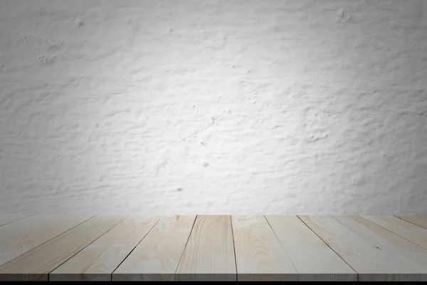 Opróżnij Podłogę Drewnianą Perspektywą Białym Murem Betonowym Wyświetlaczem Cementowni Miękkim — Zdjęcie stockowe