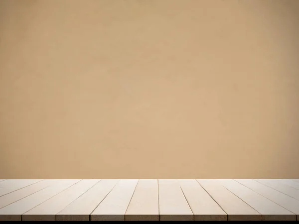 Pusta Drewniana Perspektywa Stołu Wyświetlaczem Tekstury Rozmycie Ściany Pomarańczowy Tło — Zdjęcie stockowe
