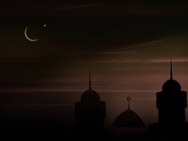 Ramazan kareem din sembolleri. Hilal ay ve gökyüzü koyu siyah arkaplanlı cami kubbesi. Kurban Bayramı, Arapça, Kurban Bayramı konsepti için.