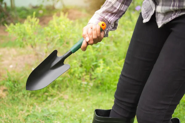 Farmer Holding Garden Shovel Work Farm Park Modern Agriculture Organic — Stock Photo, Image