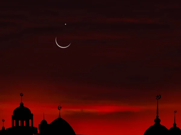 Релігійні Символи Рамадан Мечеті Купол Вночі Сутінків Чорним Фоном Півмісяця — стокове фото