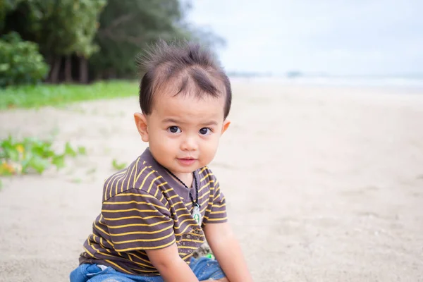 Cute Child Little Boy Year Old Sitting Sand Beach Coast — Stock Photo, Image
