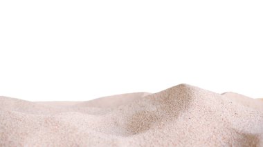 Çöl kum yığını beyaz arka planda izole edilmiş. Sahilde kuru bir sahil. Turist seyahatleri için yaz tatilleri ya da çevre koruma kavramı.