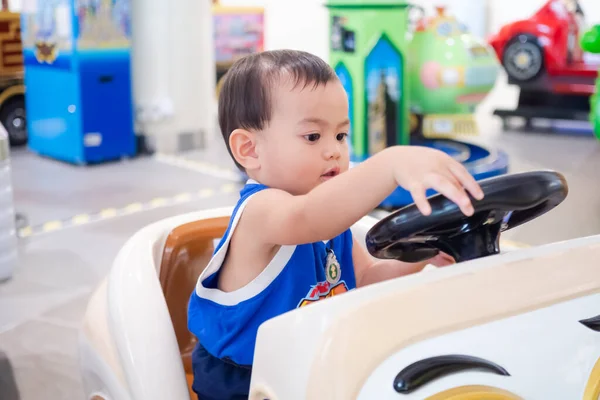 Cute Little Boy Year Old Sitting Toy Car Shopping Mall — Stock Photo, Image