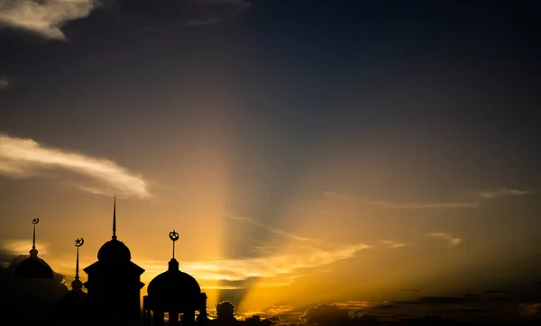 Ramadan Kareem Religion Symbols Mosques Dome Twilight Night Crescent Moon — Stock Photo, Image