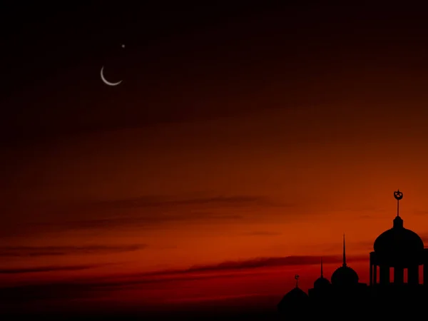 Karanlık Bir Gecede Cami Kubbesi Siyah Arka Planda Hilal Yeni — Stok fotoğraf