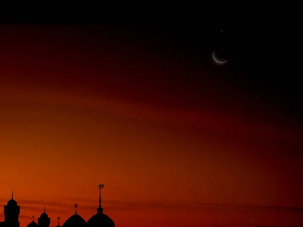 Ramadan Kareem Simboluri Religioase Moscheile Dome Noaptea Crepusculară Crescent Moon — Fotografie, imagine de stoc