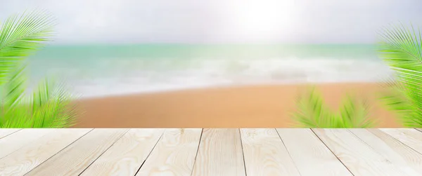 Emty Wood Table Blue Sea Blue Sky Wood Perspective Coast — Stock Photo, Image