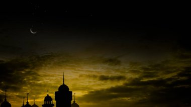 Ramazan kareem din sembolleri. Hilal ay ve gökyüzü koyu siyah arkaplanlı cami kubbesi. Kurban Bayramı, Arap, Kurban Bayramı, Yeni Yıl Muharram Konsepti.