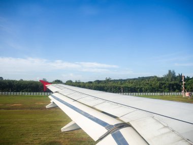 Yerde çimenli uçak kanatları ve mavi gökyüzü arka planında vahşi. seyahat veya ulaşım kavramı.