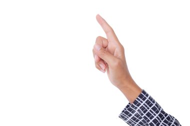 Profesyonel personel parmak göstererek beyaz arka planda izolasyonu kapatıyor. iş veya finans kavramı.