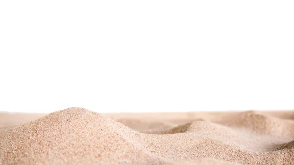 Pile desert sand isolated on white background. dry dunes wave surface beach light yellow nature outdoor at coast shore of sea. for tropical summer travel holidays or environmental protection concept.