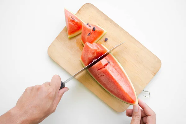 Top View Hand Holding Knife Cut Slice Watermelon Wooden Chopping — Stock Photo, Image