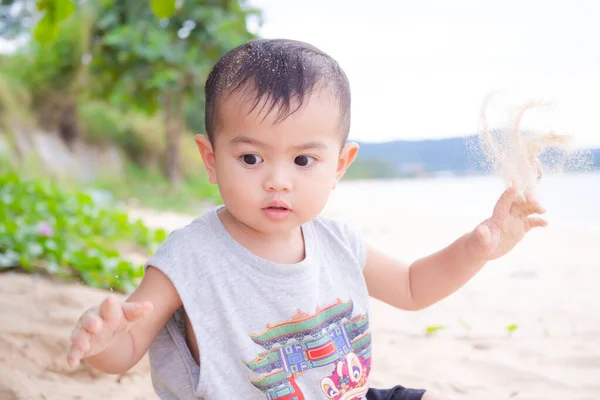 Little Young Boy Child Cute Year Old Sitting Sand Beach — Stock Photo, Image