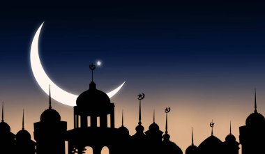 Hilal Ay ve gölge camiler kubbesi ve alacakaranlık eğiminde bir yıldız. Kurban Bayramı, Arapça, Kurban Bayramı, Yeni Yıl Muharramı. Ramazan kareem din sembolleri.
