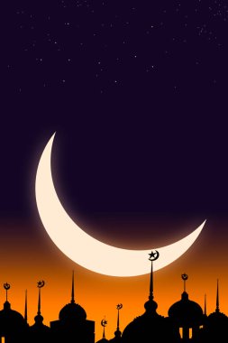 Hilal Ay ve gölge camileri olan yıldız. Alacakaranlık eğimli siyah ve altın arka planda. Kurban Bayramı, Arapça, Kurban Bayramı, Yeni Yıl Muharramı. Ramazan kareem din sembolleri.
