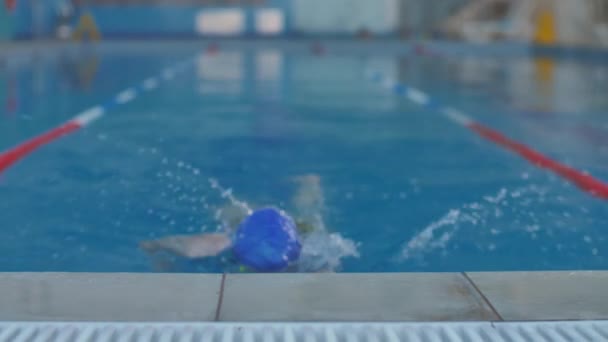 Portré egy mosolygó női úszó a medence edzés után — Stock videók