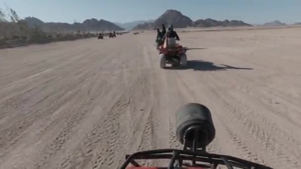 エジプト シャルム シェイク 2020年2月12日 山や峡谷の間のエジプトの砂漠での遠足でクワッドバイクレース — ストック動画