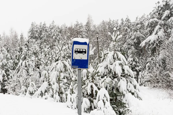 도로 표지판 버스는 겨울에 먼 마을에서 정차하고 눈이 뿌연 하늘로 소나무를 뒤덮고 있다 — 스톡 사진