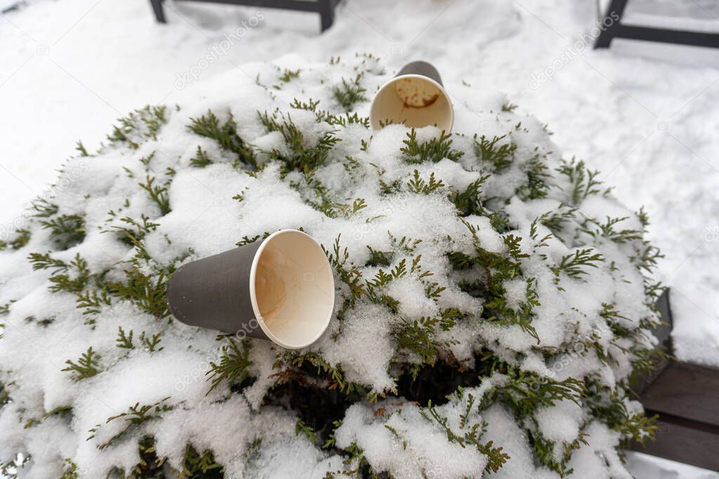 Dirty black paper cups from coffee are lying on a winter bush near a street cafe