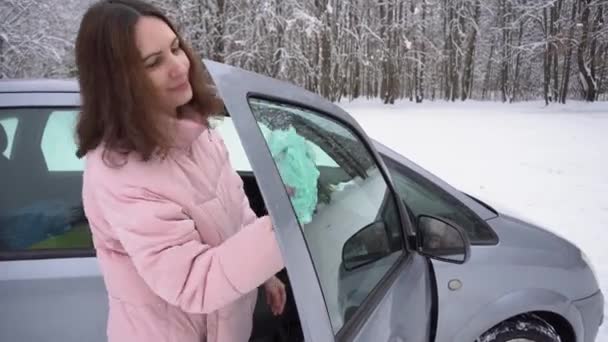 Buena chica en una chaqueta de plumón de invierno rosa limpia la ventana lateral de un coche con un trapo en invierno, cuidado del coche de la mano, encerando el vidrio — Vídeos de Stock