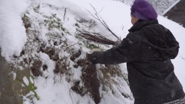 Женщина убирает снег с холма метлой, деревенщиной, зимой, много снега во время снегопада — стоковое видео