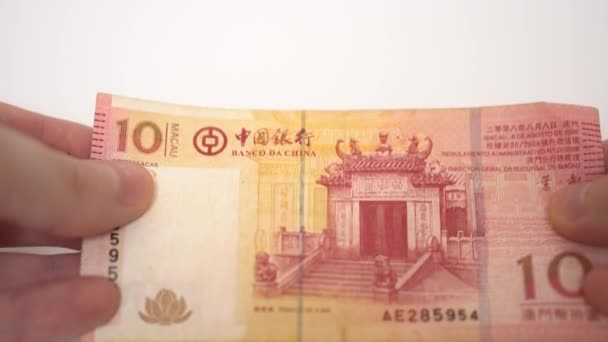 10 마카오 파파라 카스 지폐 손에, 마카우 돈, 마카우 은행, 차이나 은행 — 비디오