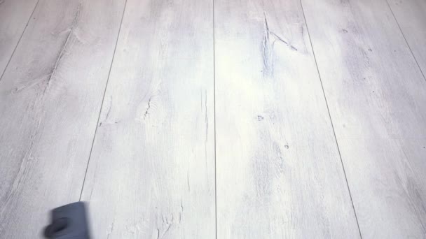 El cepillo de aspiradora elimina el polvo del suelo laminado gris. Limpieza de apartamentos, aspiración de parquet gris y pisos laminados, limpieza general semanal de la criada — Vídeos de Stock