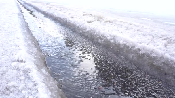 A corrente da mola flui no asfalto, a neve derrete e flui para baixo da trilha do carro — Vídeo de Stock