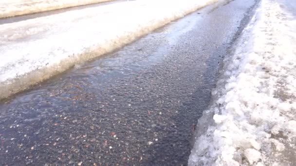 El arroyo fluye sobre el asfalto en una rutina de coche bajo el sol de primavera — Vídeos de Stock
