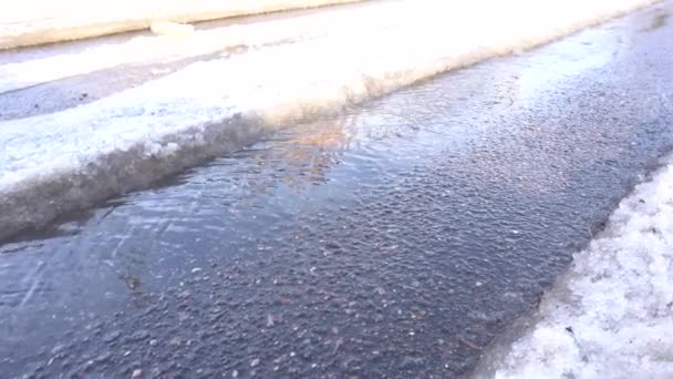 El arroyo fluye sobre el asfalto en una rutina de coche bajo el sol de primavera — Vídeos de Stock