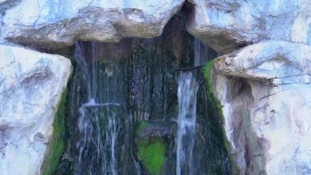 Cascada entre rocas en la selva, caída de agua de rocas en la selva tropical — Vídeo de stock