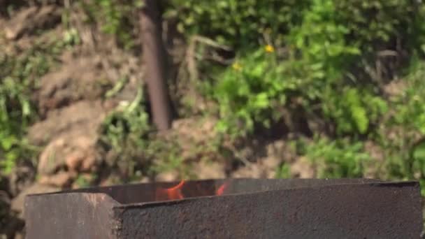 Feuer in einem rostigen Grill und Entzündung mit Holz und Stöcken — Stockvideo