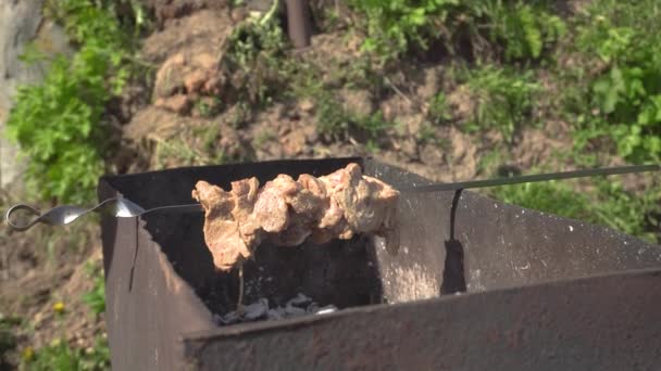 Colocando espetos na grelha, carne marinada com espetos fritos em mangal, churrasqueira, carne de porco em brasas — Vídeo de Stock