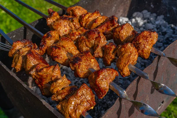 Carne a la parrilla en pinchos, kebabs fritos en pinchos en brasero oxidado — Foto de Stock