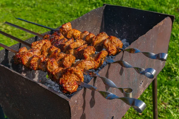 Carne a la parrilla en pinchos, kebabs fritos en pinchos en brasero oxidado — Foto de Stock