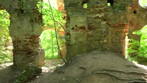 Dentro de las ruinas de la mansión, las ruinas de un antiguo castillo, ladrillos originales, antiguas paredes de ladrillo — Vídeos de Stock