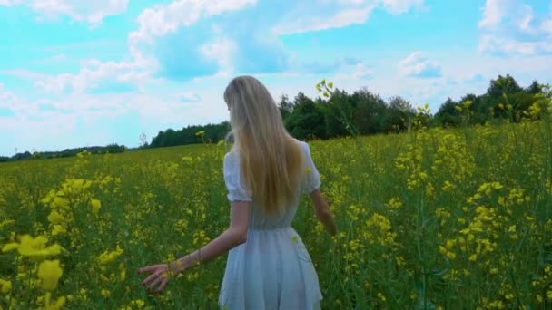 Молода дівчина проходить квітучим полем ріпаку, торкається квітів ріпаку рукою в сонячний літній день — стокове відео