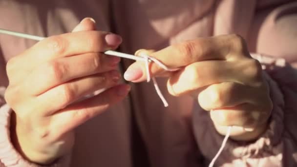 Mani femminili che lavorano a maglia con aghi e filo con la luce del sole, processo all'uncinetto da vicino — Video Stock