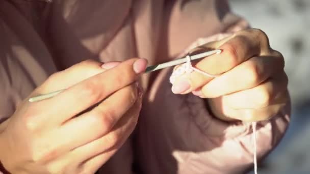 Mani femminili che lavorano a maglia con aghi e filo con la luce del sole, processo all'uncinetto da vicino — Video Stock