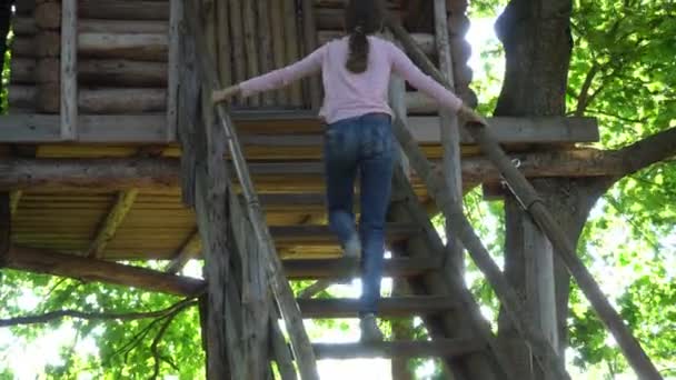 Seorang anak kecil memanjat tangga kayu ke rumah pohon buatan sendiri untuk bermain di sana — Stok Video