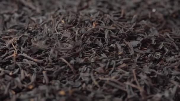Té negro de hojas sueltas espolvoreado en un plato y girando de cerca, fondo para un café o restaurante, publicidad de té — Vídeo de stock