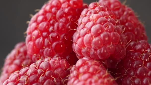 Raspberry berputar di atas piring dengan latar belakang hitam untuk sebuah restoran, raspberry segar close-up, raspberry juicy untuk iklan — Stok Video