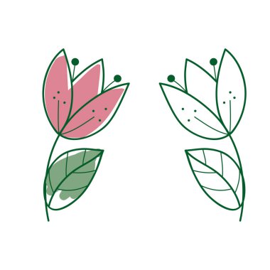 Çiçek karalama vektör çizim seti beyaz arkaplan üzerinde renkli ve renksiz